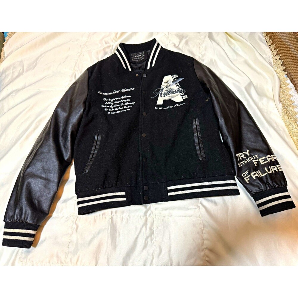 XIOS Men’s Black Varsity Jacket Faux Leather Sleeves Snap Front Pockets L